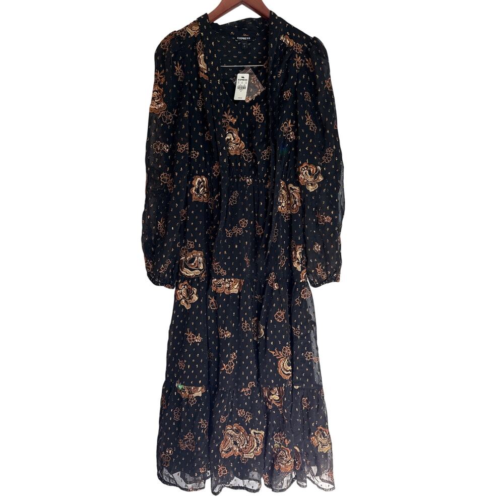 Express Black & Gold Embroidered Midi Dress NWT | Holiday & NYE - Picture 7 of 16
